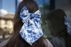 Satin hair bow BLUE FLOWERS