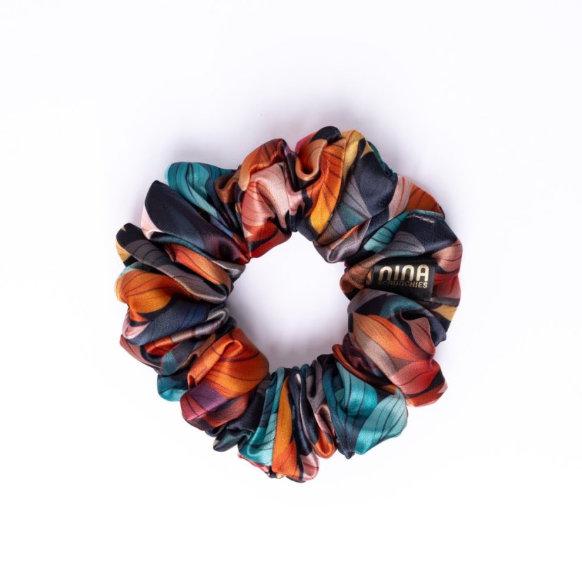 Saténová gumička  scrunchie JESENNÉ LISTY - Veľkosť: S