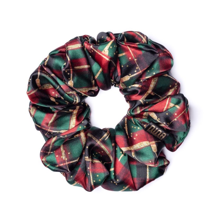 Saténová gumička  scrunchie VIANOČNÉ KÁRO - Veľkosť: M