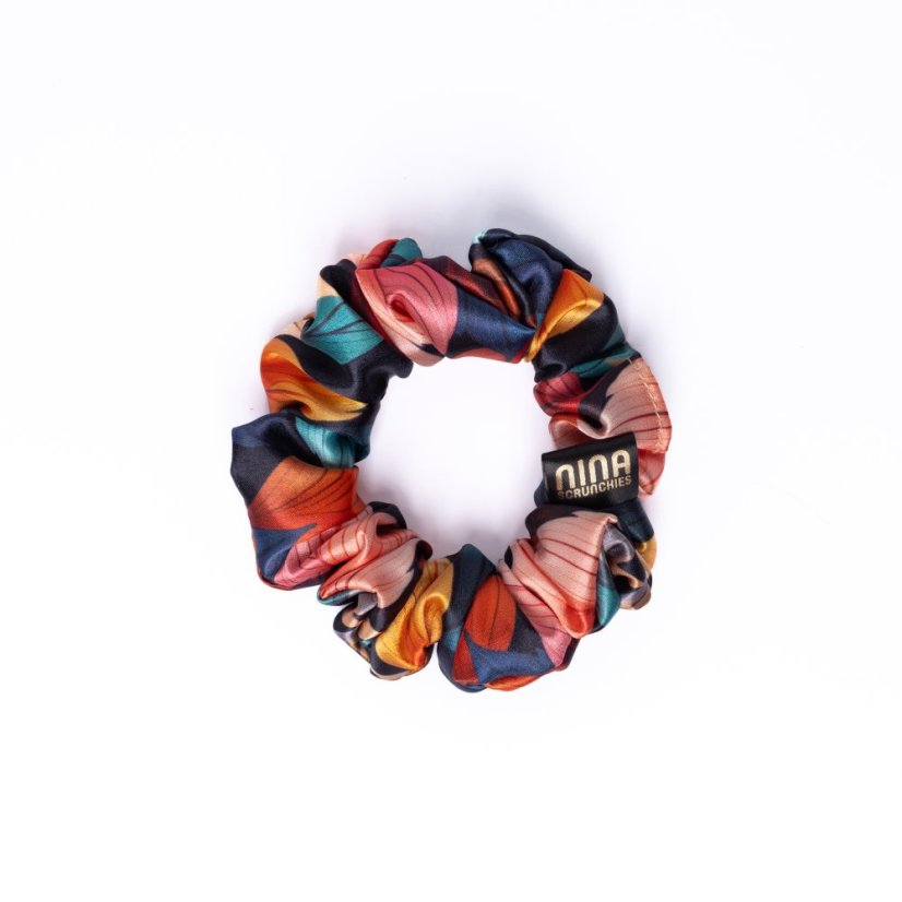Saténová gumička  scrunchie JESENNÉ LISTY - Veľkosť: S