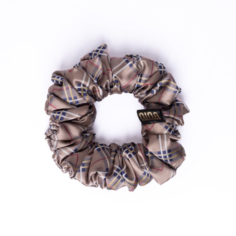Satin hair scrunchie Brown Plaid - Size: XL