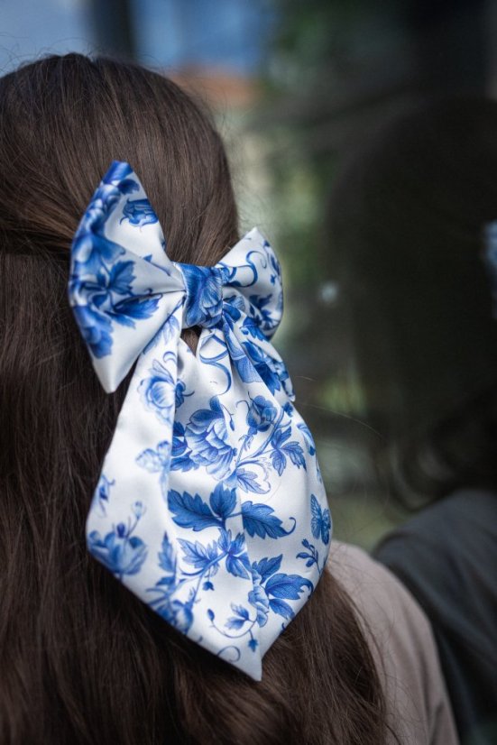 Satin hair bow BLUE FLOWERS