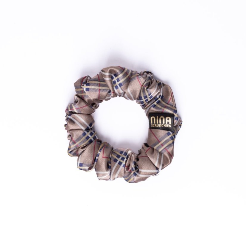 Satin hair scrunchie Brown Plaid - Size: XL