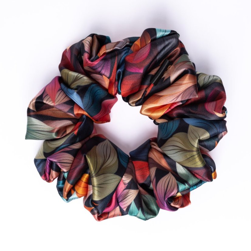 Saténová gumička  scrunchie JESENNÉ LISTY - Veľkosť: S