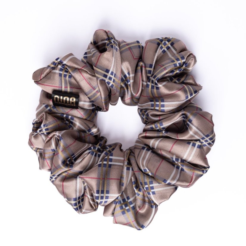 Satin hair scrunchie Brown Plaid - Size: XL